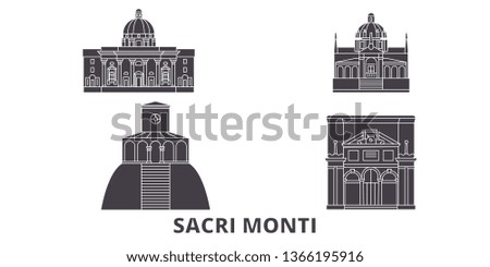 Italy, Piedmont And Lombardy, Sacri Monti flat travel skyline set. Italy, Piedmont And Lombardy, Sacri Monti black city vector illustration, symbol, travel sights, landmarks.