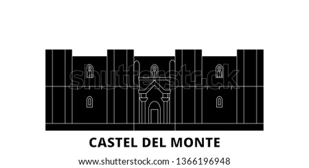 Italy, Apulia, Castel Del Monte flat travel skyline set. Italy, Apulia, Castel Del Monte black city vector illustration, symbol, travel sights, landmarks.