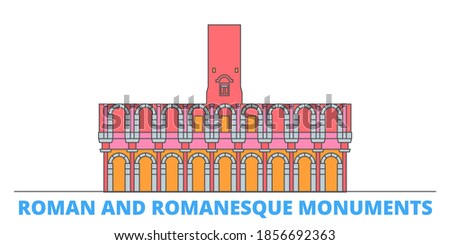 France, Arles, Roman And Romanesque Monuments Landmark line cityscape, flat vector. Travel city landmark, oultine illustration, line world icons
