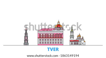 Russia, Tver line cityscape, flat vector. Travel city landmarks, outline illustrations, line world icons