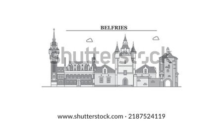 France, Belfries city skyline isolated vector illustration, icons