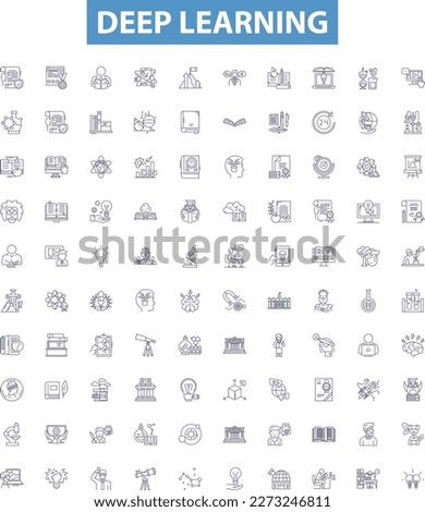 Deep learning line icons, signs set. Deep learning, Neural networks, Machine learning, Backpropagation, CNN, NLP, AI, Reinforcement learning, Automation outline vector illustrations.