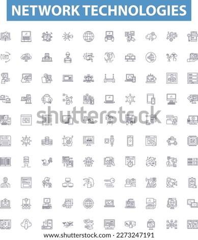 Network technologies line icons, signs set. Networking, Technologies, LAN, WAN, Routers, Switches, Bridges, Modems, Client Server outline vector illustrations.