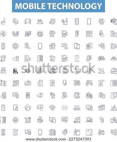 Mobile technology line icons, signs set. Smartphone, Apps, Network, Wireless, GPS, Bluetooth, LTE, 4G, 5G outline vector illustrations.