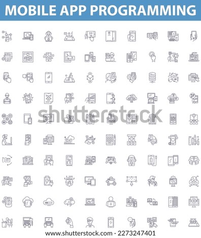 Mobile app programming line icons, signs set. Programming, Mobile, Apps, Development, Android, iOS, Swift, Kotlin, Objective C outline vector illustrations.