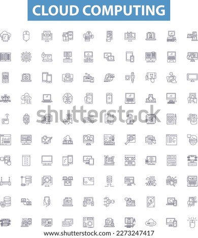 Cloud computing line icons, signs set. Cloud, Computing, Infrastructure, Platform, Services, Storage, Virtualization, Software, Security outline vector illustrations.