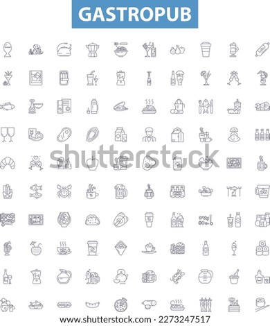 Gastropub line icons, signs set. Pub, Gastro, Drink, Kitchen, Restaurant, Food, Beer, Wine, Cider outline vector illustrations.