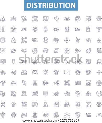 Distribution line icons, signs set. Distribute, Disseminate, Allocate, Circulate, Divide, Share, Deploy, Apportion, Diversify outline vector illustrations.