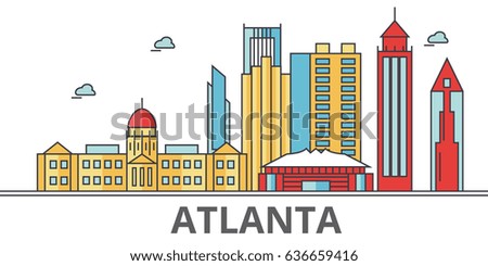 Atlanta city skyline. Buildings, streets, silhouette, architecture, landscape, panorama, landmarks. Editable strokes. Flat design line vector illustration concept. Isolated icons on white background