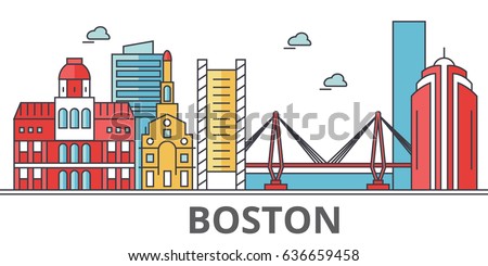 Boston city skyline. Buildings, streets, silhouette, architecture, landscape, panorama, landmarks. Editable strokes. Flat design line vector illustration concept. Isolated icons on white background