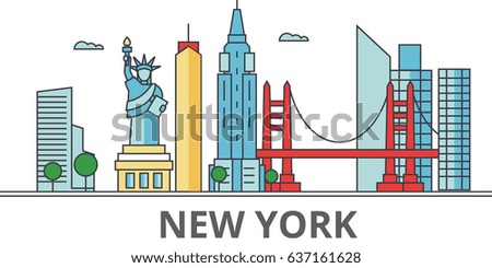 New York city skyline: buildings, streets, silhouette, architecture, landscape, panorama, landmarks. Editable strokes. Flat design line vector illustration concept. Isolated icons on white background