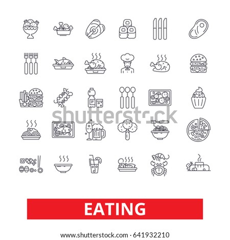 Eating food, restaurant menu, family cafe, tasting dinner, healthy dining, drink line icons. Editable strokes. Flat design vector illustration symbol concept. Linear signs isolated on white background