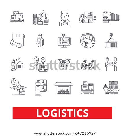 Logistics, transportation, warehouse, supply chain, truck, distribution, ship line icons. Editable strokes. Flat design vector illustration symbol concept. Linear signs isolated on white background