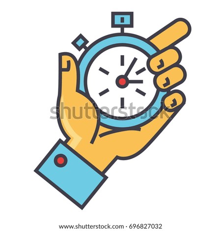 Time management, hand with timer, stopwatch concept. Line vector icon. Editable stroke. Flat linear illustration isolated on white background