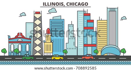 Chicago city skyline: architecture, buildings, streets, silhouette, landscape, panorama, landmarks. Editable strokes. Flat design line vector illustration. Isolated icons on white background