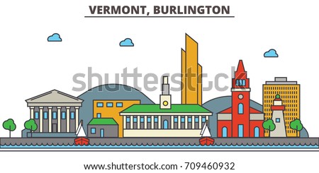 Vermont, Burlington.City skyline: architecture, buildings, streets, silhouette, landscape, panorama, landmarks, icons. Editable strokes. Flat design line vector illustration concept.