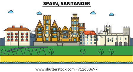 Spain, Santander. City skyline: architecture, buildings, streets, silhouette, landscape, panorama, landmarks. Editable strokes. Flat design line vector illustration concept. Isolated icons set