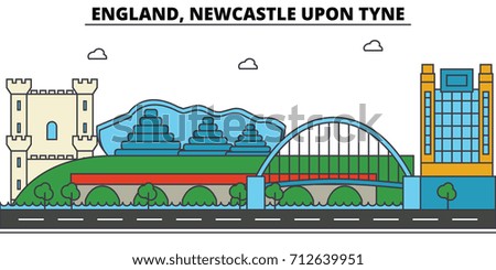 England, Newcastle Upon Tyne. City skyline: architecture, buildings, streets, silhouette, landscape, panorama, landmarks. Editable strokes. Flat design line vector illustration concept. Icons set