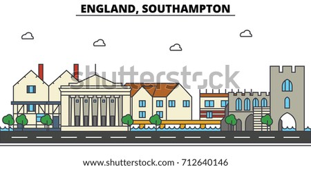 England, Southampton. City skyline: architecture, buildings, streets, silhouette, landscape, panorama, landmarks. Editable strokes. Flat design line vector illustration concept. Isolated icons set