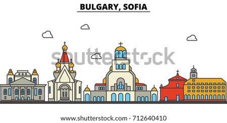 Bulgary, Sofia. City skyline: architecture, buildings, streets, silhouette, landscape, panorama, landmarks. Editable strokes. Flat design line vector illustration concept. Isolated icons set