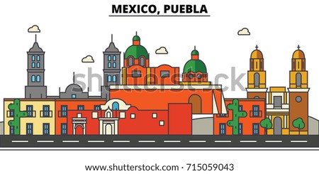 Mexico, Puebla. City skyline, architecture, buildings, streets, silhouette, landscape, panorama, landmarks, icons. Editable strokes. Flat design line vector illustration concept