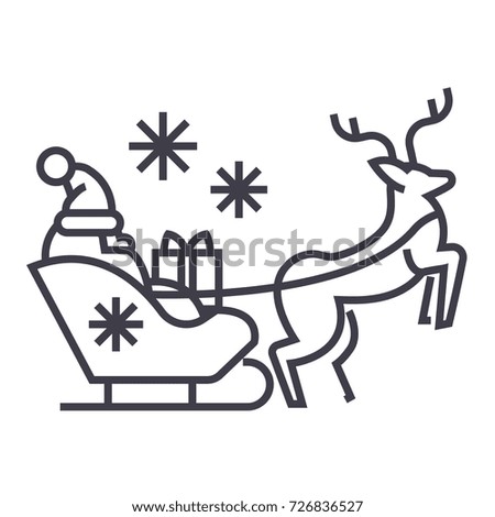 Santa Claus in a sleigh with a deer vector line icon. Merry christmas sign. Santa Claus with gift illustration on background, Flying christmas sleigh symbol with editable strokes