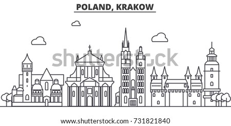Poland, Krakow architecture line skyline illustration. Linear vector cityscape with famous landmarks, city sights, design icons. Landscape wtih editable strokes