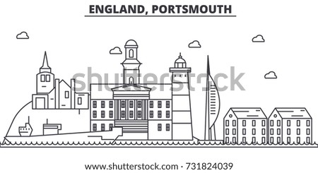 England, Portsmouth architecture line skyline illustration. Linear vector cityscape with famous landmarks, city sights, design icons. Landscape wtih editable strokes