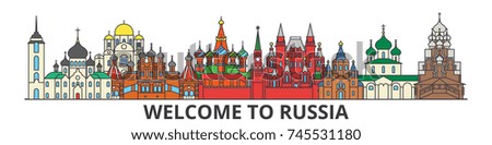 Russia outline skyline, russian flat thin line icons, landmarks, illustrations. Russia cityscape, russian travel city vector banner. Urban silhouette