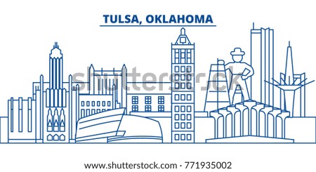 USA, Oklahoma, Tulsa winter city skyline. Merry Christmas and Happy New Year decorated banner. Winter greeting card with snow and Santa Claus. Flat, line vector. Linear christmas illustration