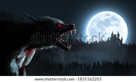 Werewolf growling in the moonlight over a full moon shining on a forest with a gothic house - 3D rendering - concept art