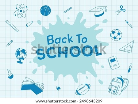 Back to school vector illustration background and stationery supplies element blue monochrome color