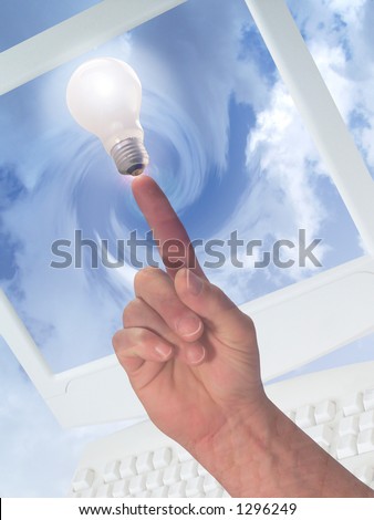 Light bulb on end of finger over computer monitor,conceptual illustration, ideas and technology.