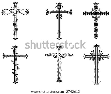 A Set Of Six Vector Crosses With Swirls,Flowers,Hearts And More.Black ...