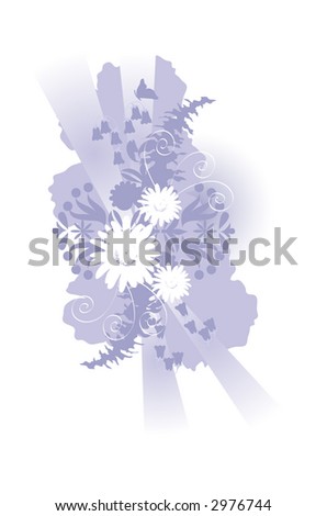 Flower, butterfly and foliage in light lavender over white background.