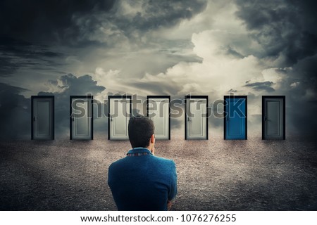Rear view of a businessman in front of many doors choosing the one different colored. Difficult decision, concept of the important choice in life, failure or success. The ways to unknown future, busin Stock foto © 