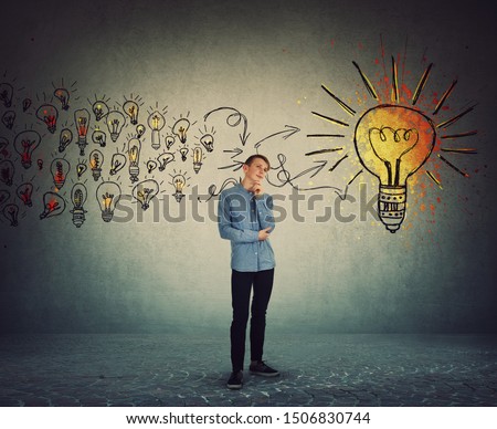 Casual student boy teenager, confident face expression, holding hand to chin as thinking of new ideas ad gathering them to create a final plan. Ingenious adolescent, creative genius education concept. Foto stock © 