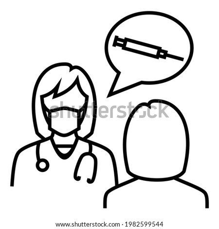 Female Woman Doctor wear stethoscope and masker talking consultation with female patient about vaccine icon design. Bubble chat and syringe vector illustration.