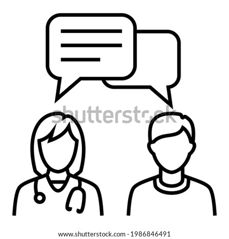 Doctor talk consultation discussion with patient icon vector. Bubble chat line symbol illustration.