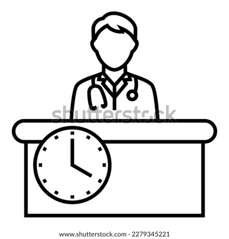 A doctor sitting behind desk line icon. Simple outline style. Person, work, document folder, table, chair, seat, 4 o'clock, office hour, workplace concept. Vector illustration design logo symbol.