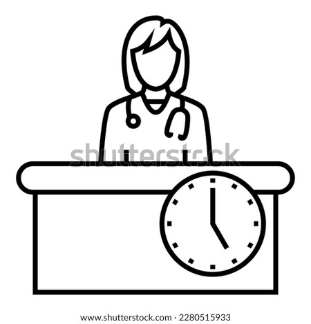 Female doctor sitting behind desk line icon. Simple outline style. Person, work, document folder, table, chair, seat, 5 o'clock, office hour, workplace concept. Vector illustration design logo symbol.