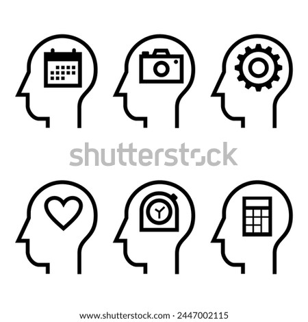 Set of Inside of human head. Calendar, camera, setting, cog wheel, heart, love, timer, clock, calculator, financial, economic,  Icon Vector Design Illustration.