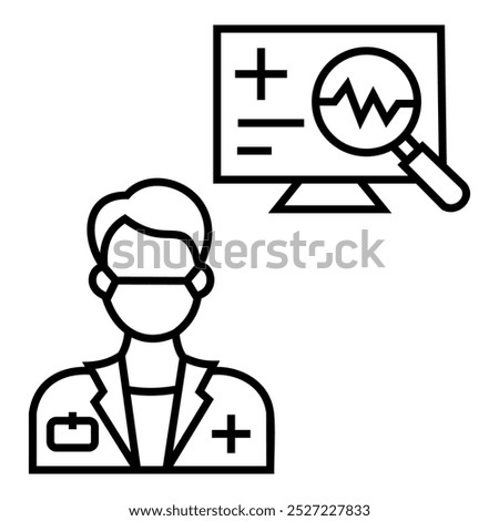 General health practitioner profile, wearing a mask, with searching data monitor for health icon design vector symbol illustration. Doctor, male nurse, ners.