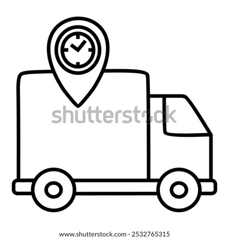 Delivery Car, Van, Truck with clock timer inside map pin point. Online order tracking, delivery home and office. Icon vector design symbol illustration.