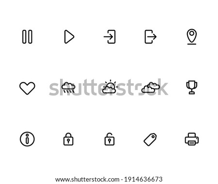 Mix User Interface UI Icon Set with Pause, Play Button, Sign In, Sign Out, Pin Marker Location, Heart, Weather, Cup, Lock, Printer Icon