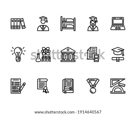 Education Icon Set with Student Avatar, Laptop, Lightbulb, Idea, Laboratory, School, University, Graduation Cap, Medal Icon