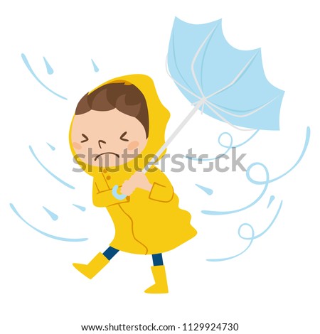 Dangerous condition with rain and wind blowing.Illustration of a boy walking with an umbrella.