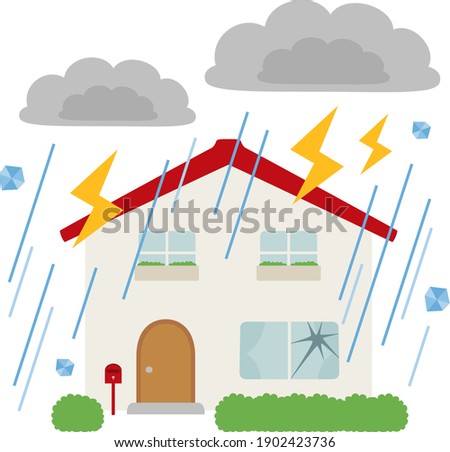 Illustration of natural disasters and homes. A house that suffers from heavy rain and Thunder.
