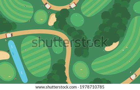 Illustration of a golf course. People rounding the golf course.