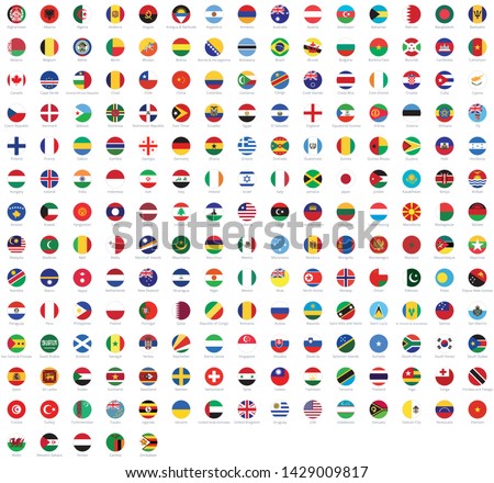 All national flags of the world with names. Rounded flags, circular design. High quality vector flags isolated on white background
